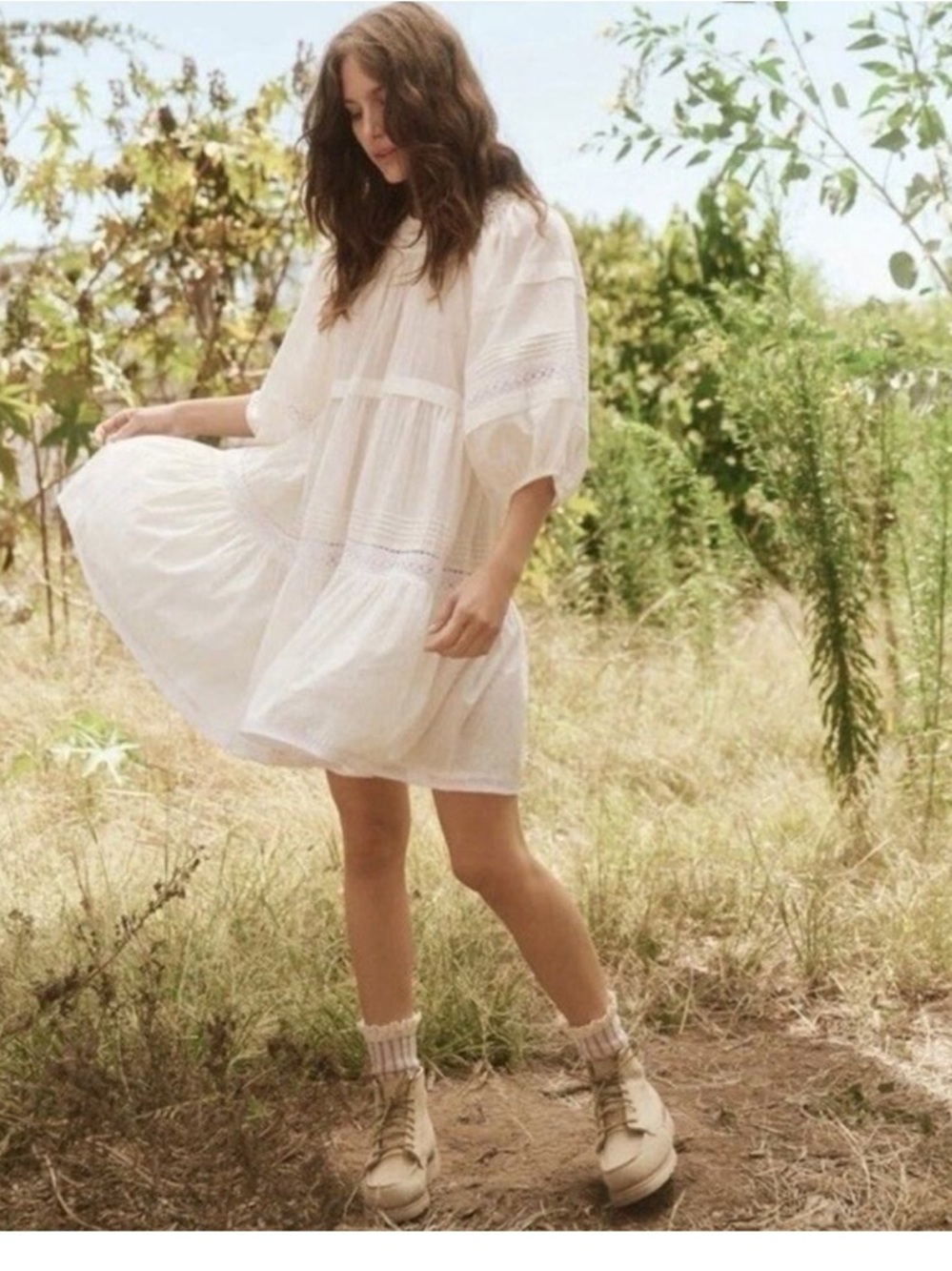 THE GREAT The Short Nightingale Mini White Tiered Lace Dress